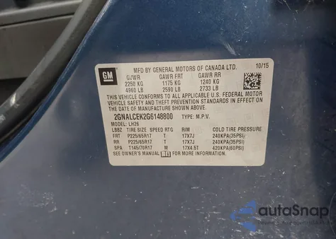 2016 Chevrolet Equinox Lt z USA, uszkodzony, nr VIN 2GNALCEK2G6148800